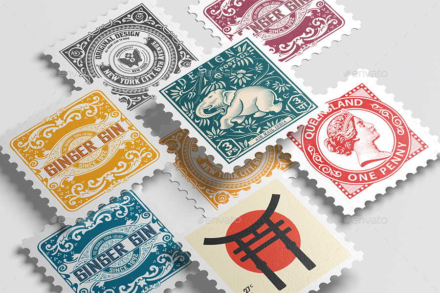 Postage stamps mock up., Graphics GraphicRiver